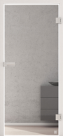 Produktbild mit Schlosskasten, Bändern und Zarge zeigt die Glastür JETTE FRAME_815 in der Ausführung  klar, Laser, DIN rechts - Bohrungstemplate Studio/Office