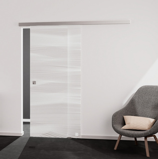 Wohnsituation zeigt die Glastür aus Einscheibensicherheitsglas (ESG) Siebdruck JETTE VISION 560 in der Ausführung mattiert PURE WHITE Bohrung Studio/Office Schiebetür