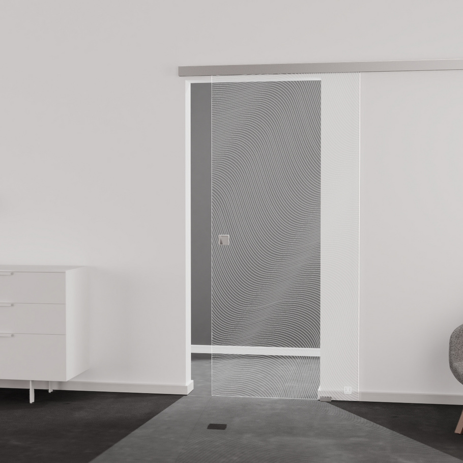Wohnsituation zeigt die Glastür aus Einscheibensicherheitsglas (ESG) Laserdekor JETTE WAVE 563 in der Ausführung durchsichtig PURE WHITE Bohrung Studio/Office Schiebetür