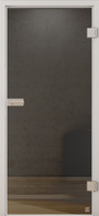 Produktbild mit Schlosskasten, Bändern und Zarge zeigt die Glastür JETTE FRAME_815 in der Ausführung  klar, Laser, DIN rechts - Bohrungstemplate Studio/Office MOON GREY