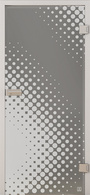 Produktbild mit Schlosskasten, Bändern und Zarge zeigt die Glastür JETTE DOTS_573 in der Ausführung  mattiert, Laser/Siebdruck, DIN rechts - Bohrungstemplate Studio/Office MOON GREY