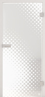 Produktbild mit Schlosskasten, Bändern und Zarge zeigt die Glastür JETTE DOTS_573 in der Ausführung  mattiert, Laser/Siebdruck, DIN rechts - Bohrungstemplate Studio/Office